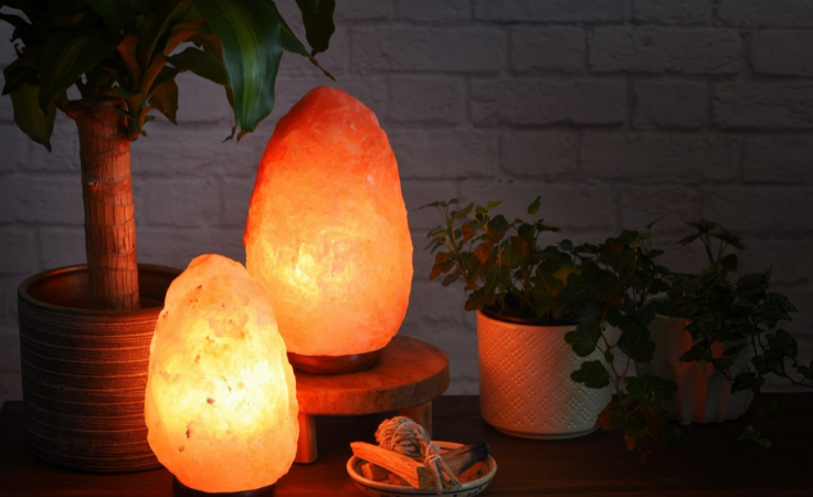 two salt lamps placed near home pots to remove negative energies